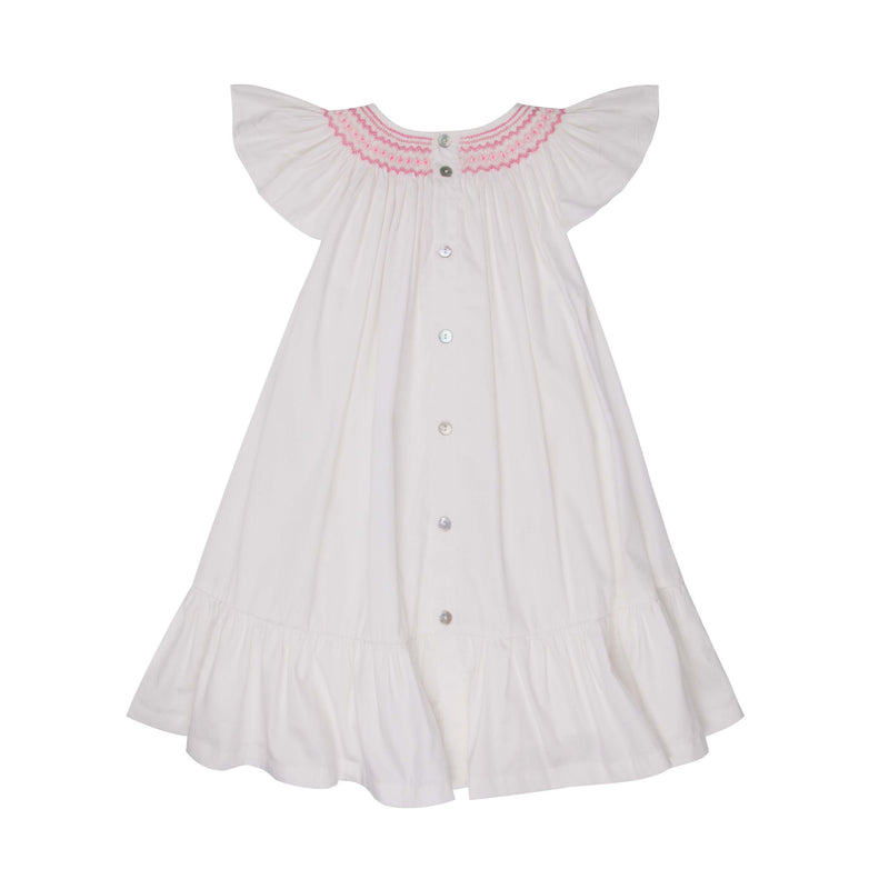 INDIRA GANDHI FLUTTER DRESS PEARL COTTON SATEEN WITH THINK PINK HAND SMOCKING