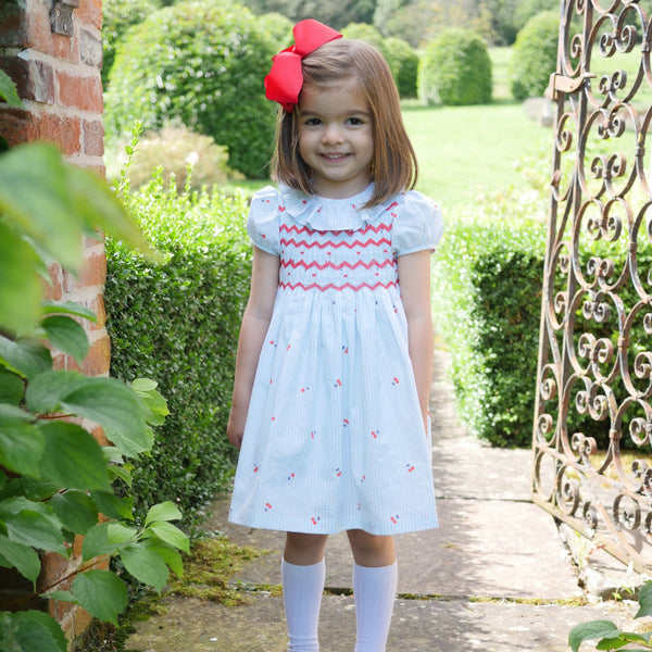 KATHERINE JOHNSON DRESS CHERRY STRIPES WITH MARASCHINO HAND SMOCKING