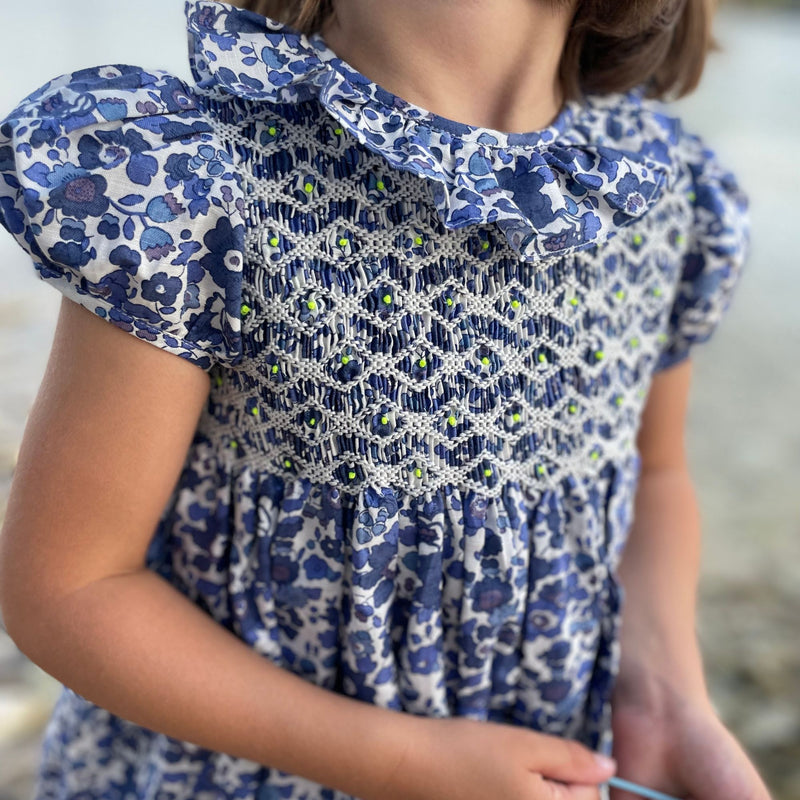 KATHERINE JOHNSON DRESS LIBERTY BETSY BLUE WITH LIGHTENING HAND SMOCKING