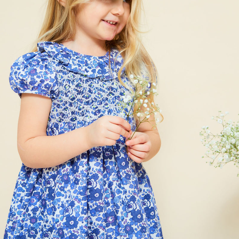 KATHERINE JOHNSON DRESS LIBERTY BETSY BLUE WITH LIGHTENING HAND SMOCKING