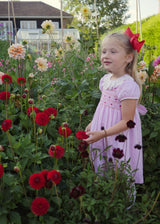 KATHERINE JOHNSON DRESS LOVEHEART LINEN WITH JAMMY DODGER HAND SMOCKING