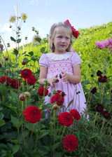 KATHERINE JOHNSON DRESS LOVEHEART LINEN WITH JAMMY DODGER HAND SMOCKING