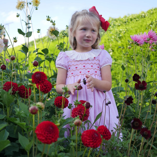 KATHERINE JOHNSON DRESS LOVEHEART LINEN WITH JAMMY DODGER HAND SMOCKING