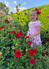 KATHERINE JOHNSON DRESS LOVEHEART LINEN WITH JAMMY DODGER HAND SMOCKING