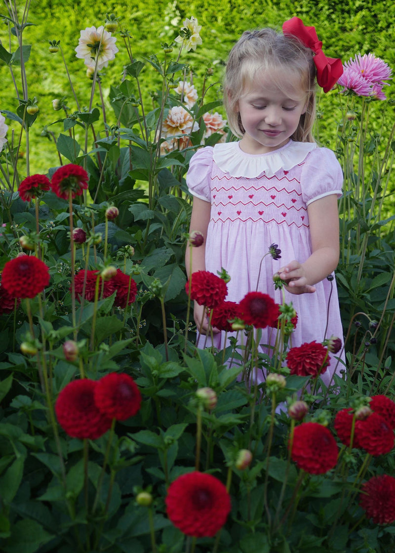 KATHERINE JOHNSON DRESS LOVEHEART LINEN WITH JAMMY DODGER HAND SMOCKING