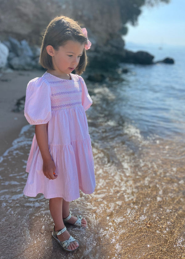 MARGARET GRAHAM DRESS DOLLY PINK SEERSUCKER WITH PURPLE RAIN HAND SMOCKING