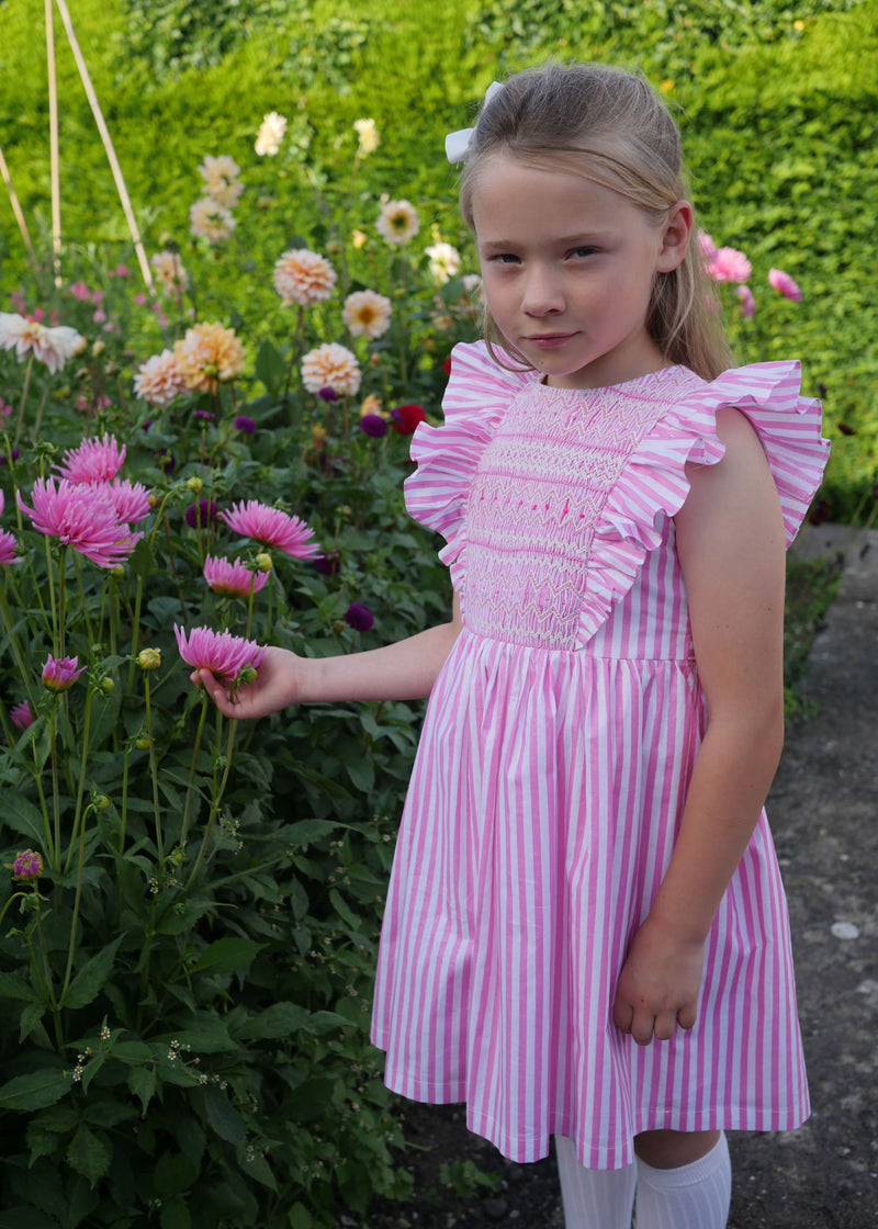 ANNA PAVLOVA DRESS FLAMBOYANCE OF FLAMINGOS STRIPES WITH RASPBERRY RIPPLE HAND SMOCKING