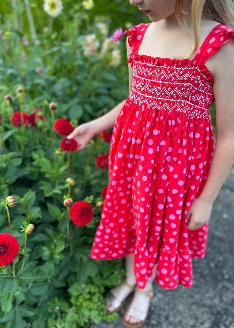 RACHEL CARSON DRESS FUNKY DALMATIAN WITH JAMMY DODGER HAND SMOCKING