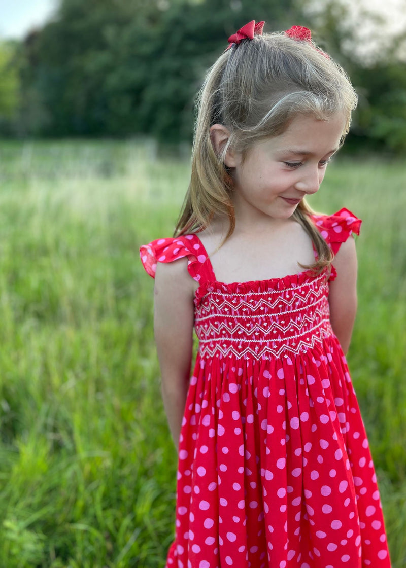 RACHEL CARSON DRESS FUNKY DALMATIAN WITH JAMMY DODGER HAND SMOCKING