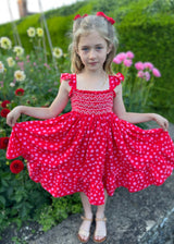 RACHEL CARSON DRESS FUNKY DALMATIAN WITH JAMMY DODGER HAND SMOCKING