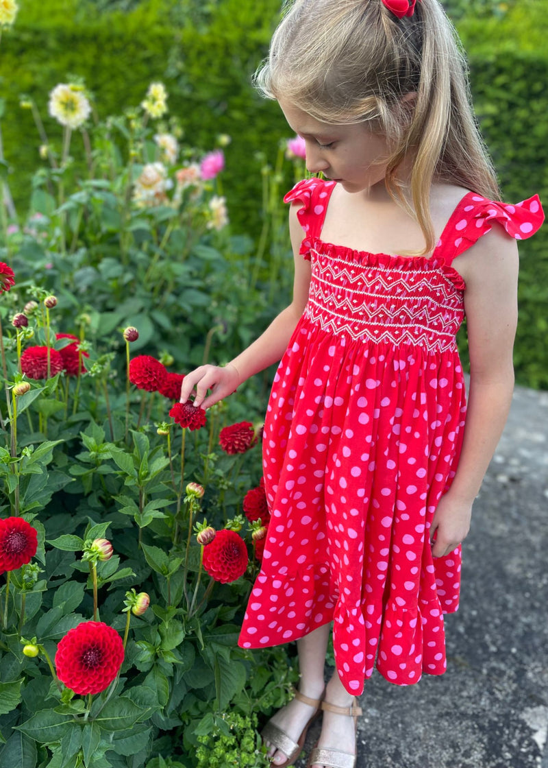 RACHEL CARSON DRESS FUNKY DALMATIAN WITH JAMMY DODGER HAND SMOCKING